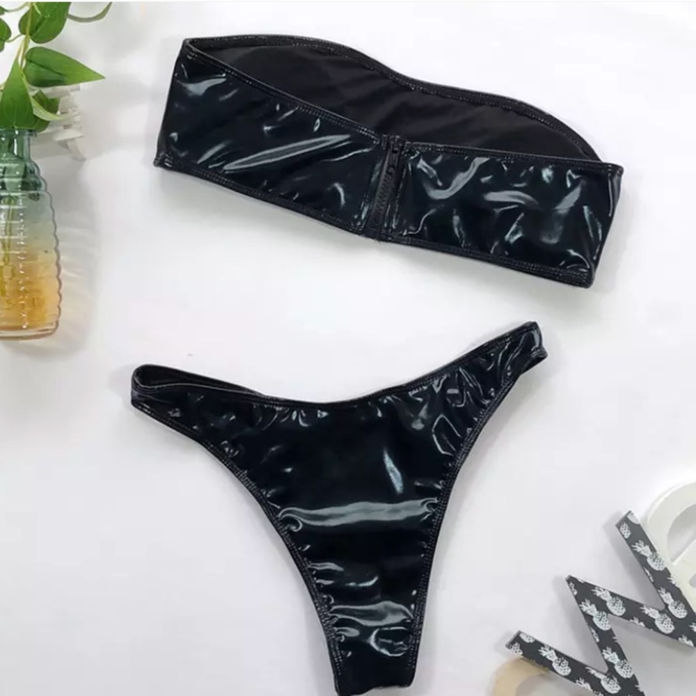 SOLD OUT CLEARANCE Black Shiny Latex Look Bandeau 2Pc Bikini Swimsuit - Picture 5 of 5